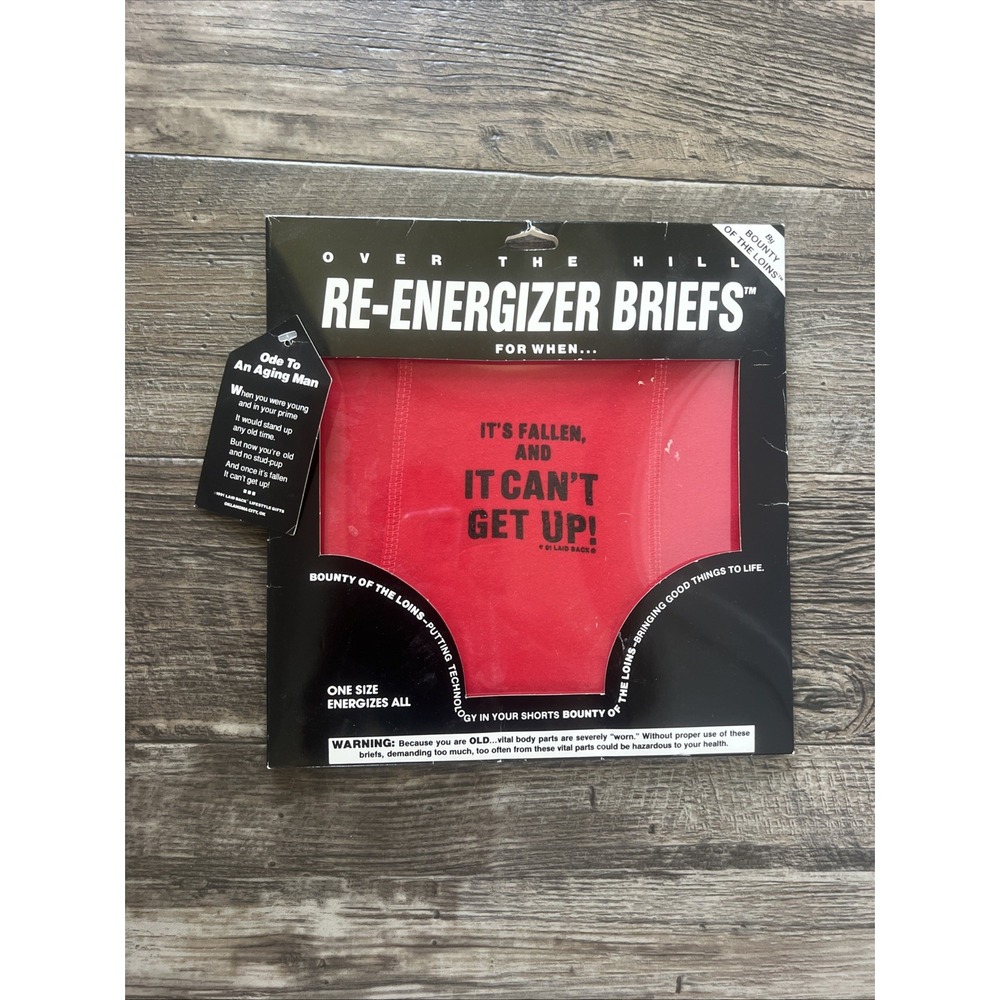 Vintage Over the Hill Re-Energizer Brief Gag Gift "Its Fallen & It Can't Get Up"